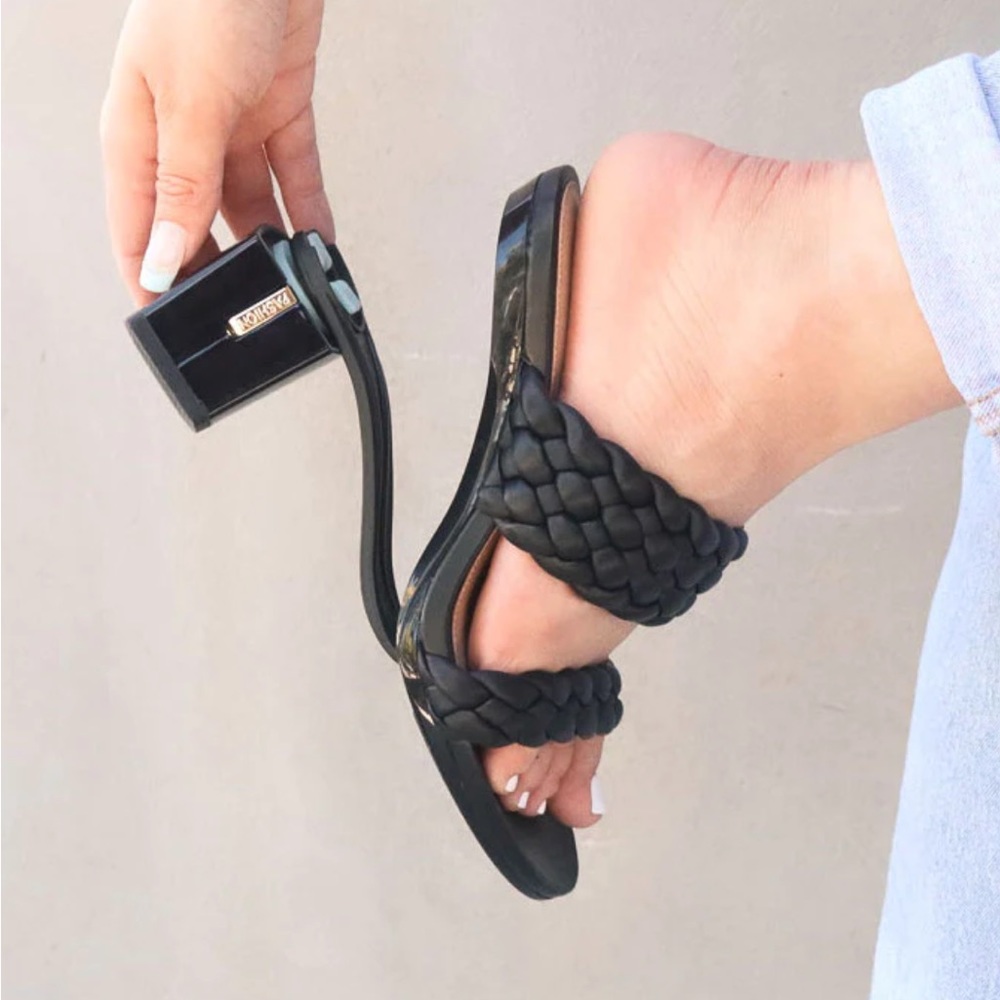 Passion Footwear Convertible Heel to Sandal. Braided texture in black.